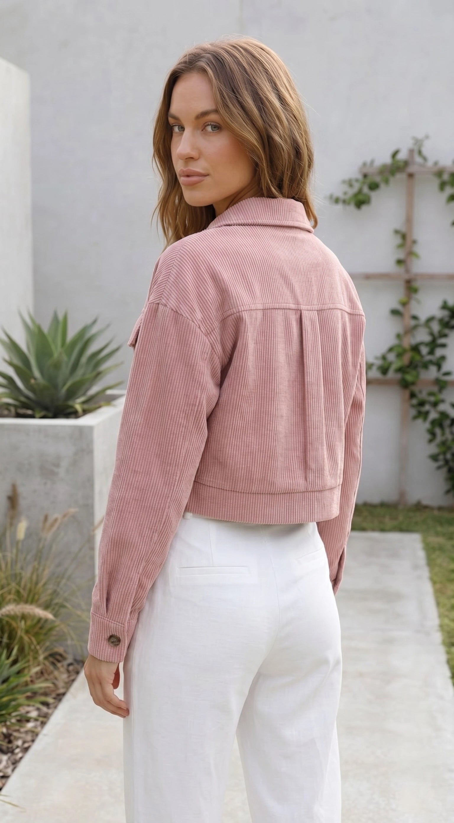 Women's Cropped Button-Up Corduroy Jacket with Chest Pockets