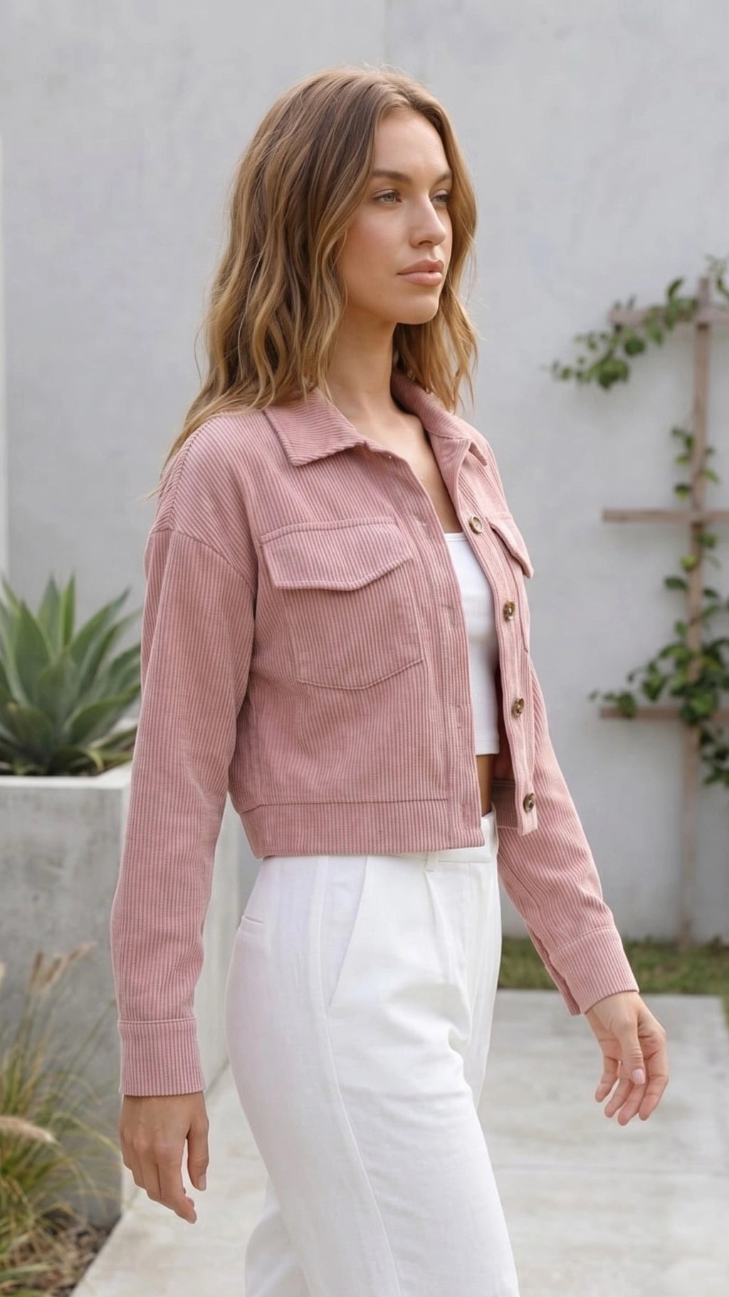 Women's Cropped Button-Up Corduroy Jacket with Chest Pockets