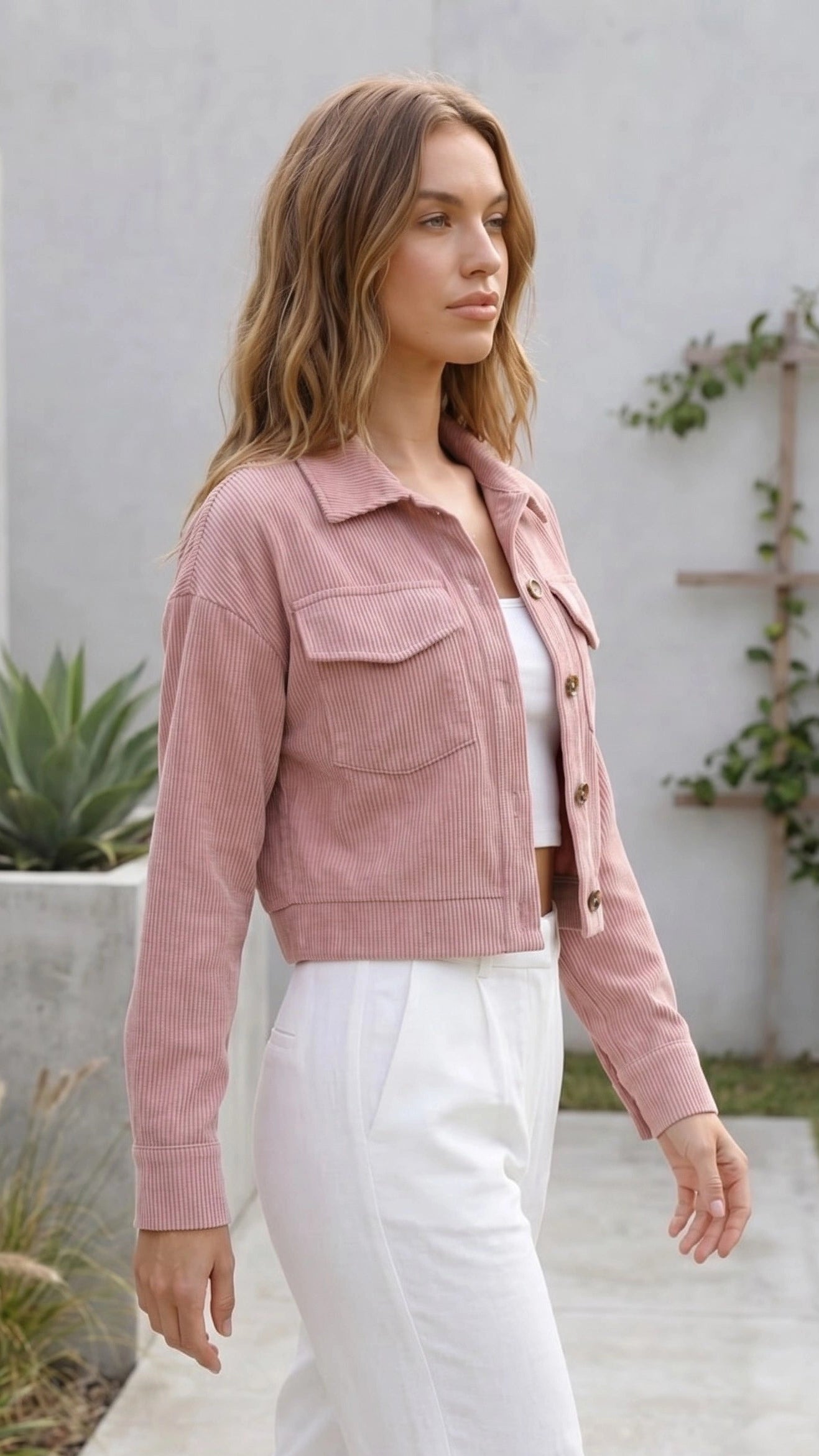Women's Cropped Button-Up Corduroy Jacket with Chest Pockets
