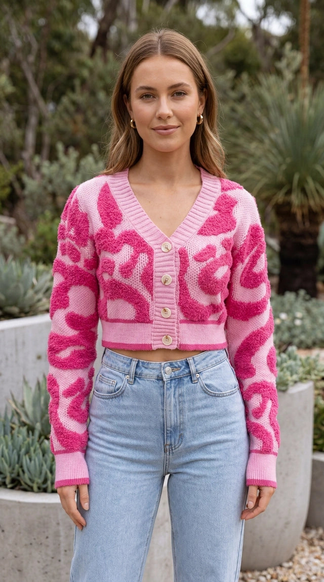 Women’s Cropped Abstract Pattern Knit Cardigan With Button Front