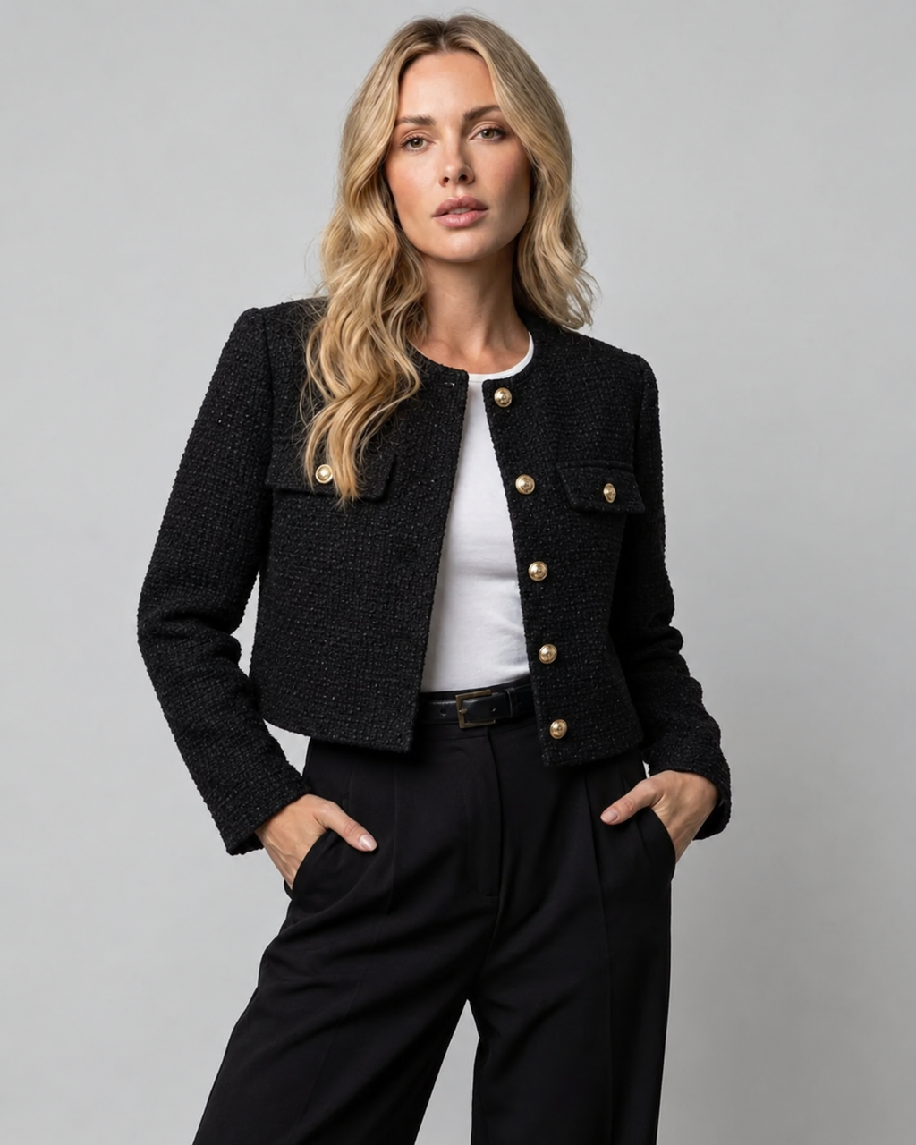 Women's Cropped Tweed Blazer with Gold Buttons and Pockets