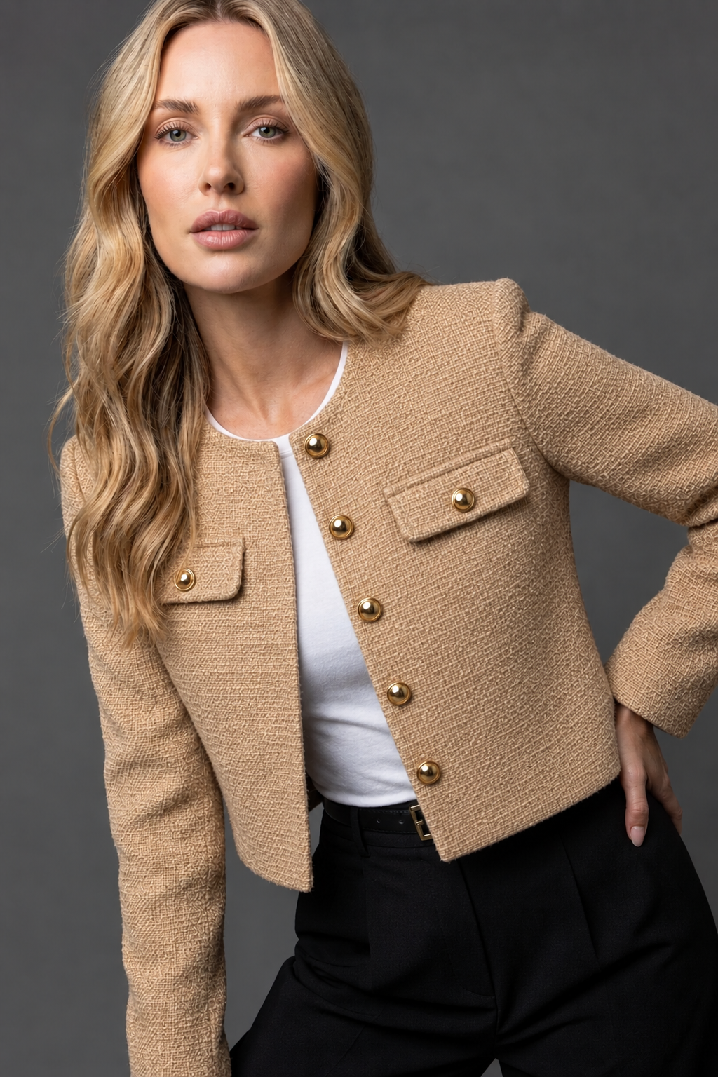 Women's Cropped Tweed Blazer with Gold Buttons and Pockets