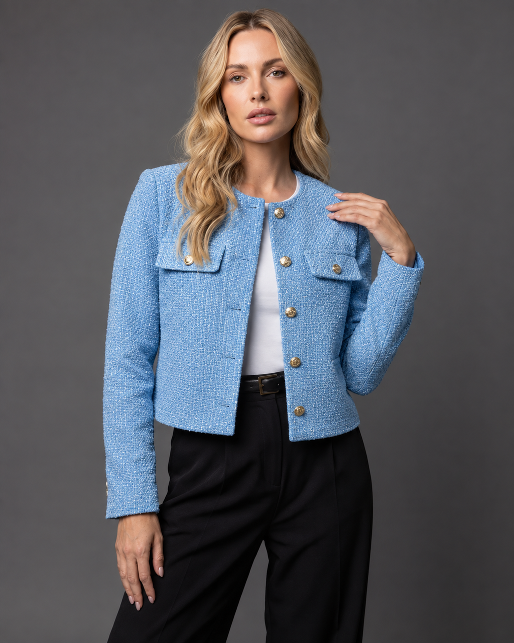 Women's Cropped Tweed Blazer with Gold Buttons and Pockets