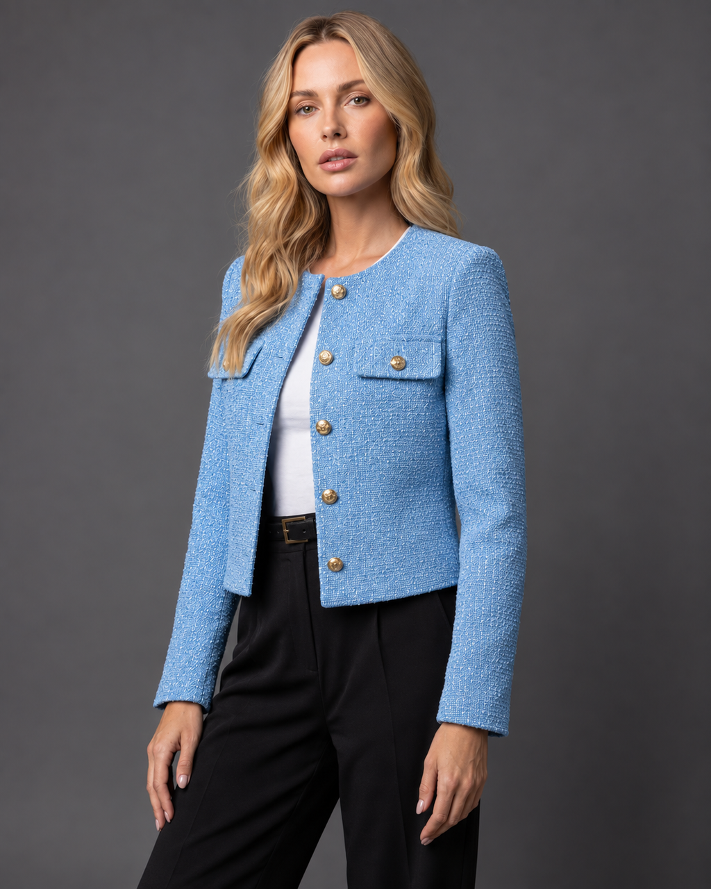 Women's Cropped Tweed Blazer with Gold Buttons and Pockets