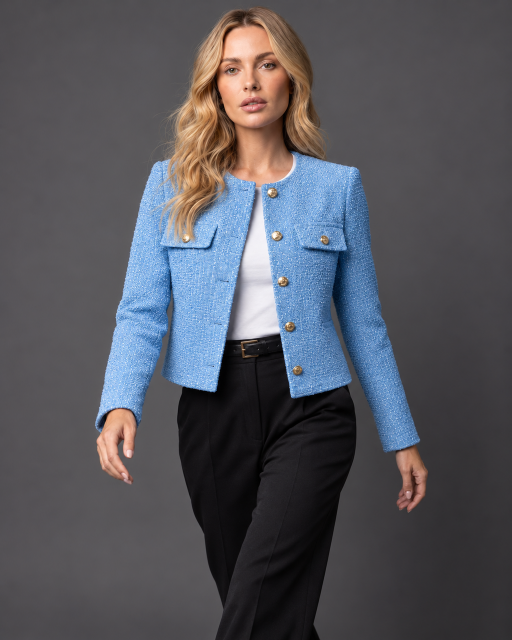 Women's Cropped Tweed Blazer with Gold Buttons and Pockets