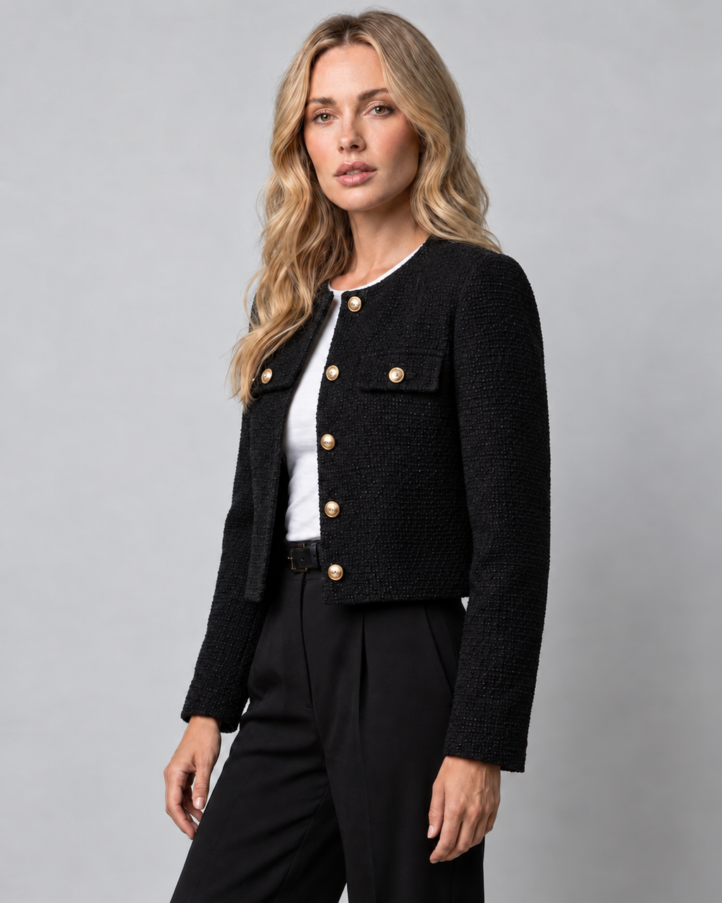 Women's Cropped Tweed Blazer with Gold Buttons and Pockets