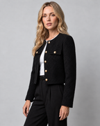 Women's Cropped Tweed Blazer with Gold Buttons and Pockets