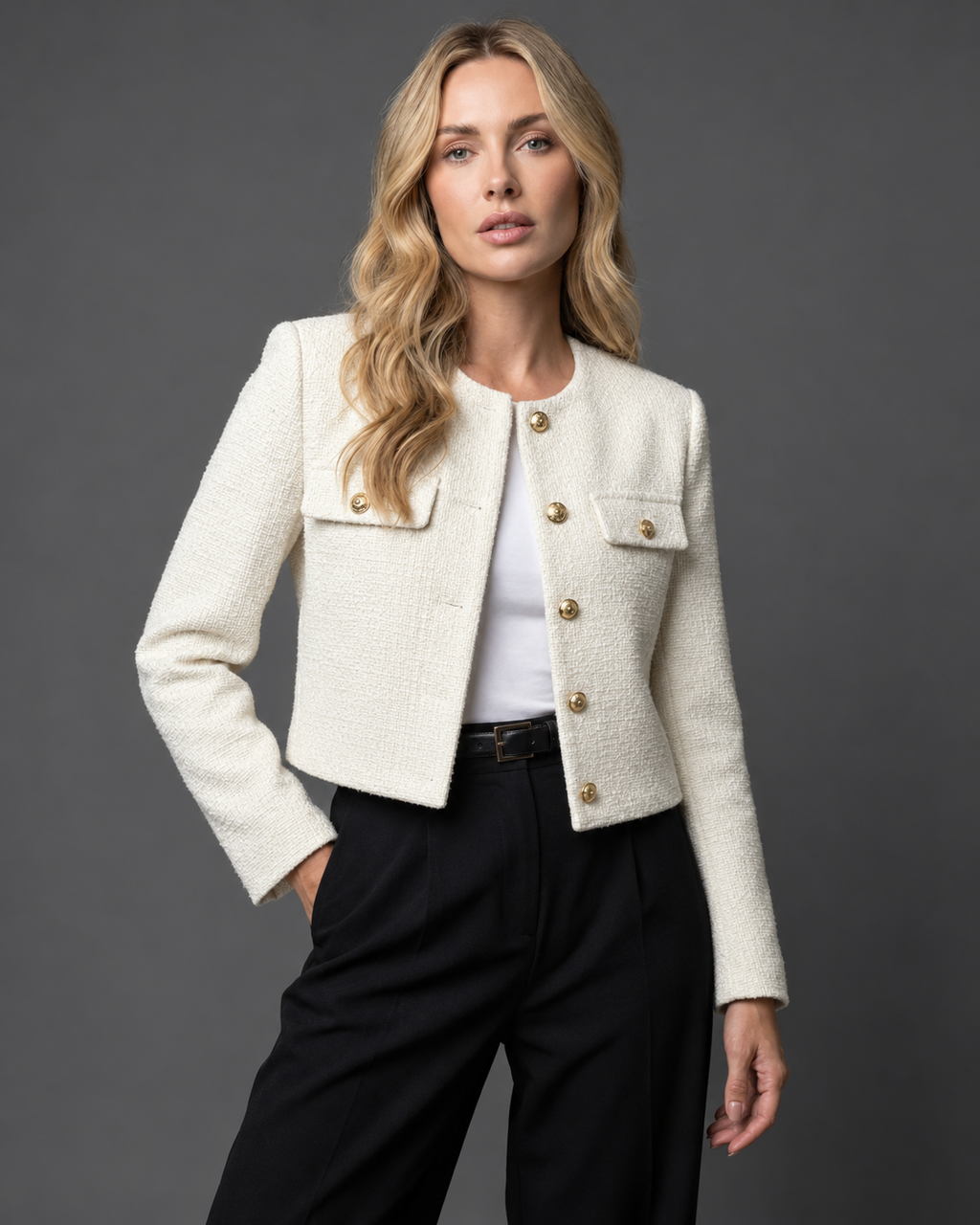 Women's Cropped Tweed Blazer with Gold Buttons and Pockets