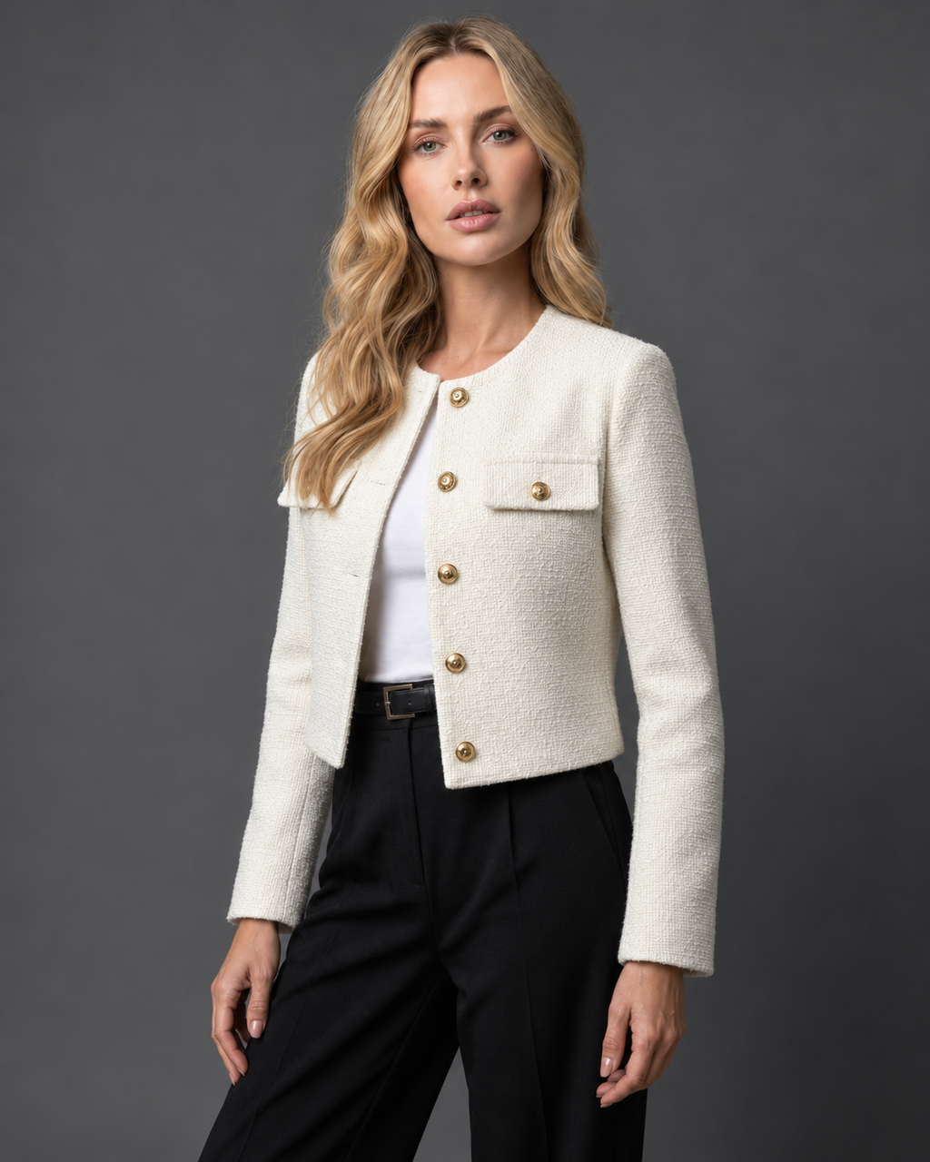 Women's Cropped Tweed Blazer with Gold Buttons and Pockets