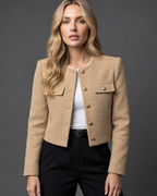 Women's Cropped Tweed Blazer with Gold Buttons and Pockets