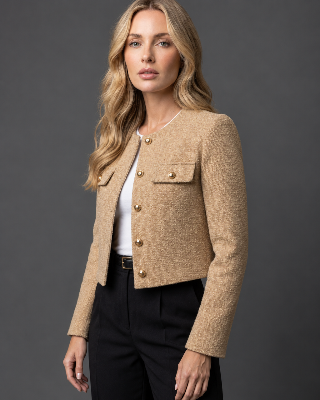 Women's Cropped Tweed Blazer with Gold Buttons and Pockets