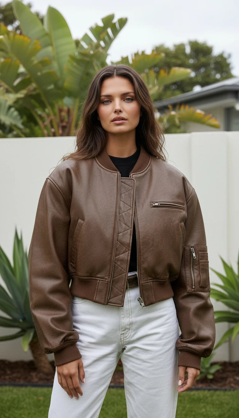 Women's Cropped Zip-Up Faux Leather Bomber Jacket with Chest Pocket