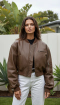 Women's Cropped Zip-Up Faux Leather Bomber Jacket with Chest Pocket