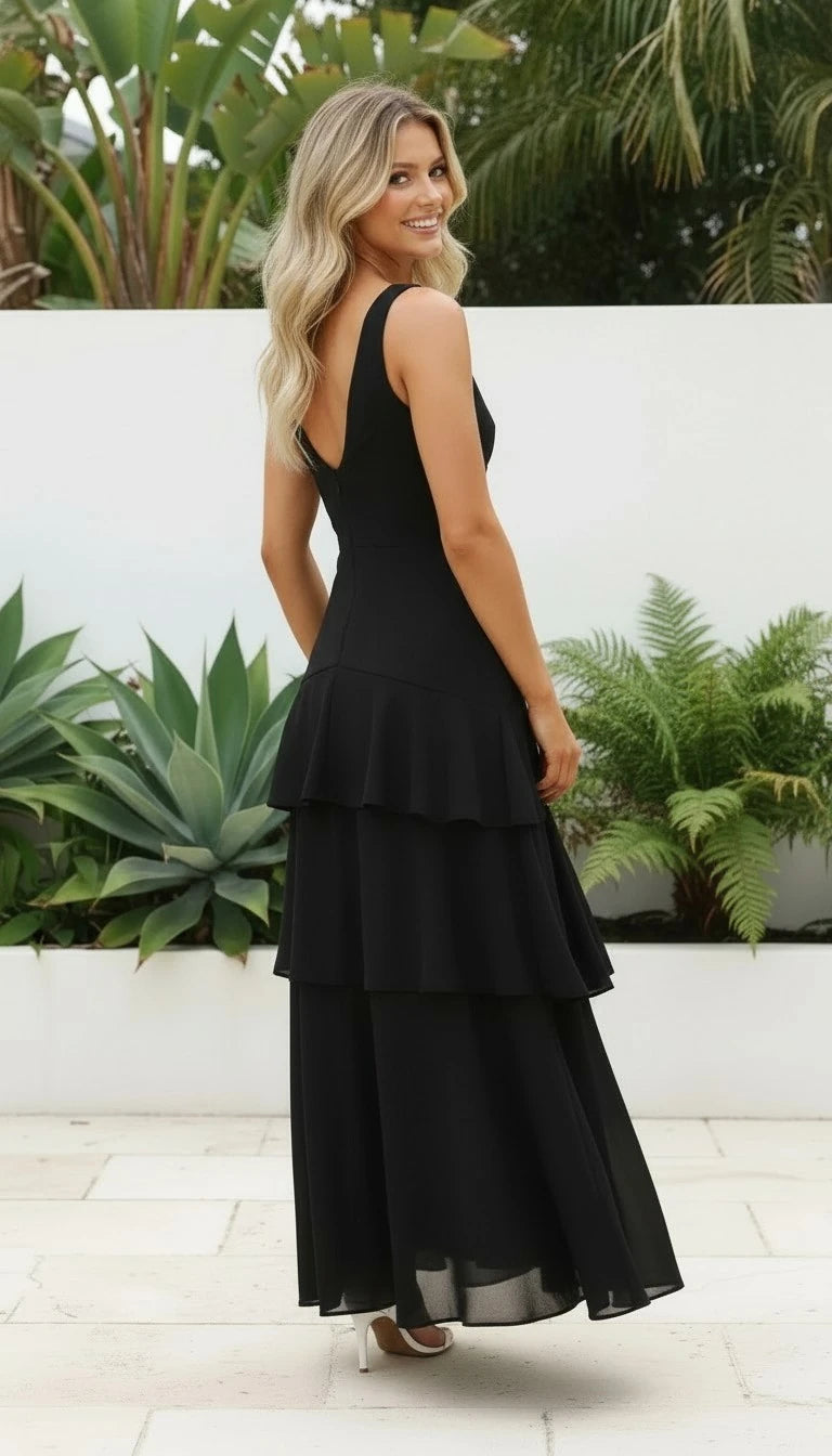 Women's Deep V-Neck Sleeveless Tiered Ruffle Maxi Dress