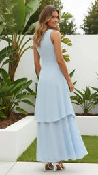 Women's Deep V-Neck Sleeveless Tiered Ruffle Maxi Dress