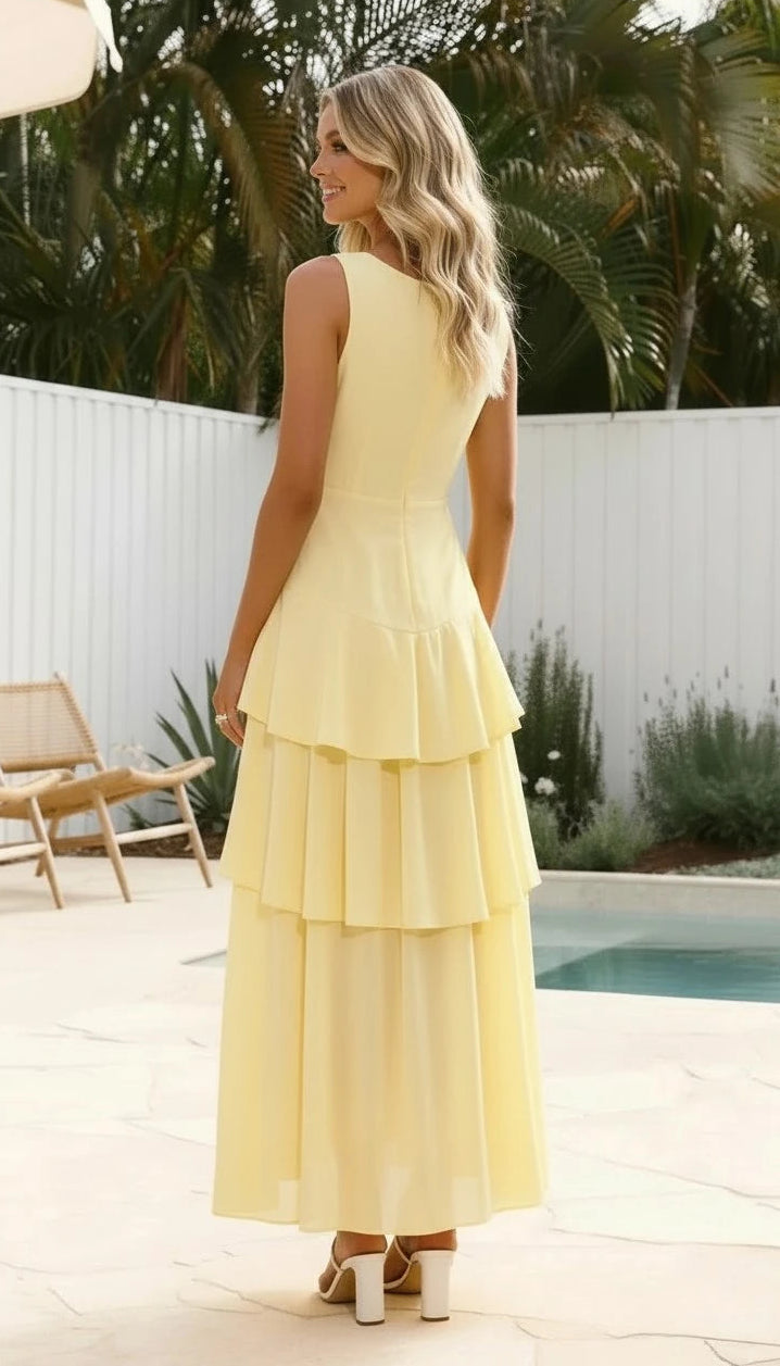 Women's Deep V-Neck Sleeveless Tiered Ruffle Maxi Dress