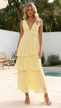 Women's Deep V-Neck Sleeveless Tiered Ruffle Maxi Dress