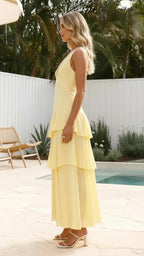Women's Deep V-Neck Sleeveless Tiered Ruffle Maxi Dress