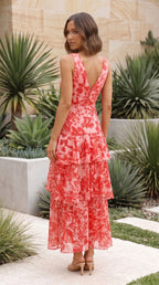 Women’s Deep V Neck Floral Ruffle Tiered Maxi Dress