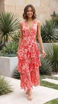 Women’s Deep V Neck Floral Ruffle Tiered Maxi Dress