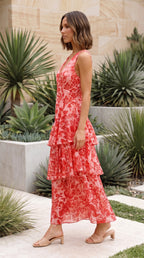 Women’s Deep V Neck Floral Ruffle Tiered Maxi Dress