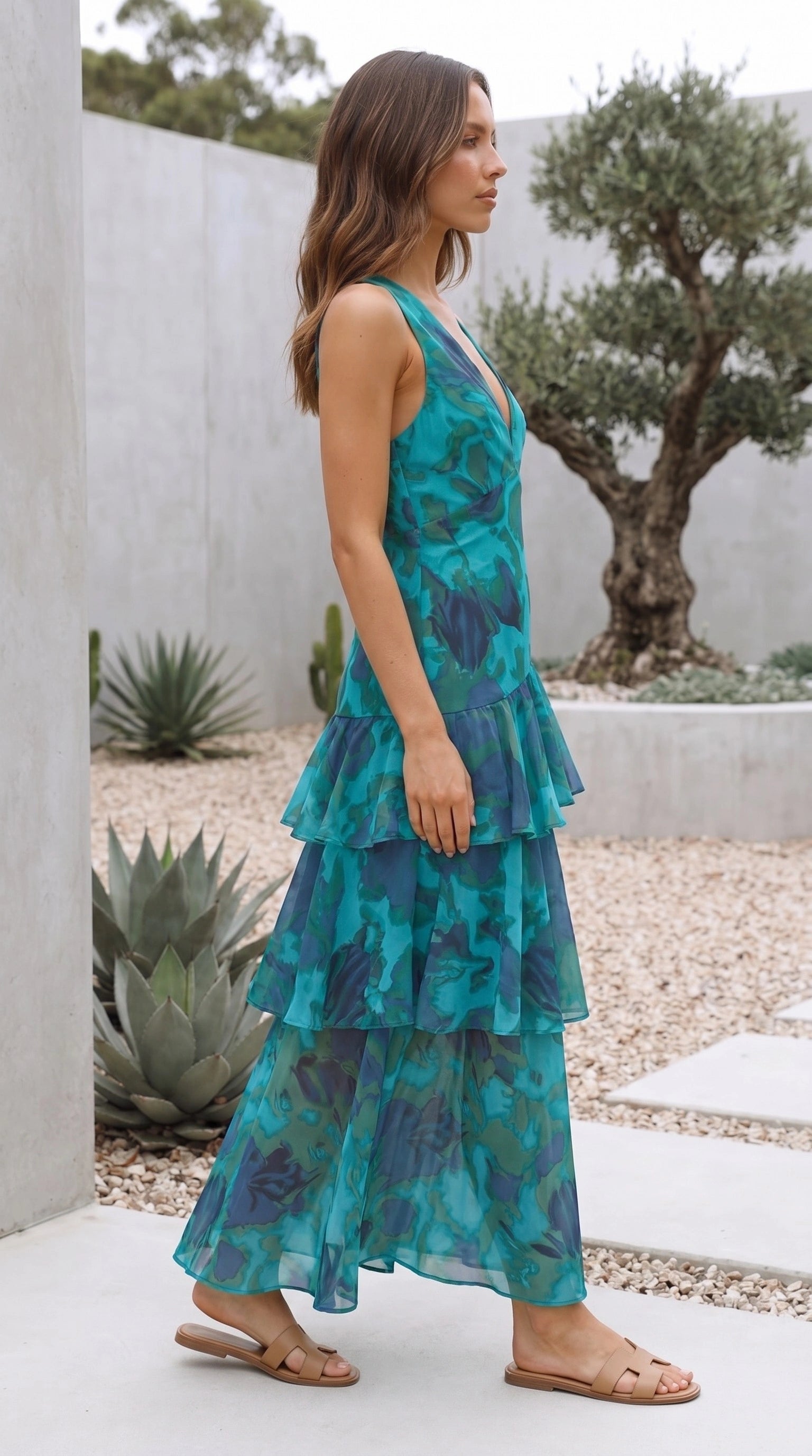 Women’s Deep V Neck Tiered Floral Print Maxi Dress