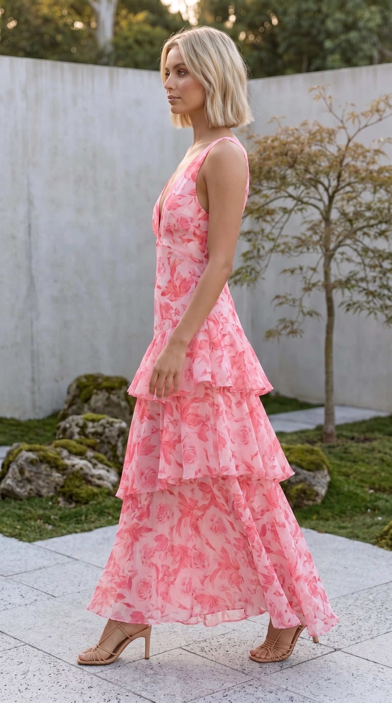 Women’s Deep V Neck Tiered Floral Print Maxi Dress