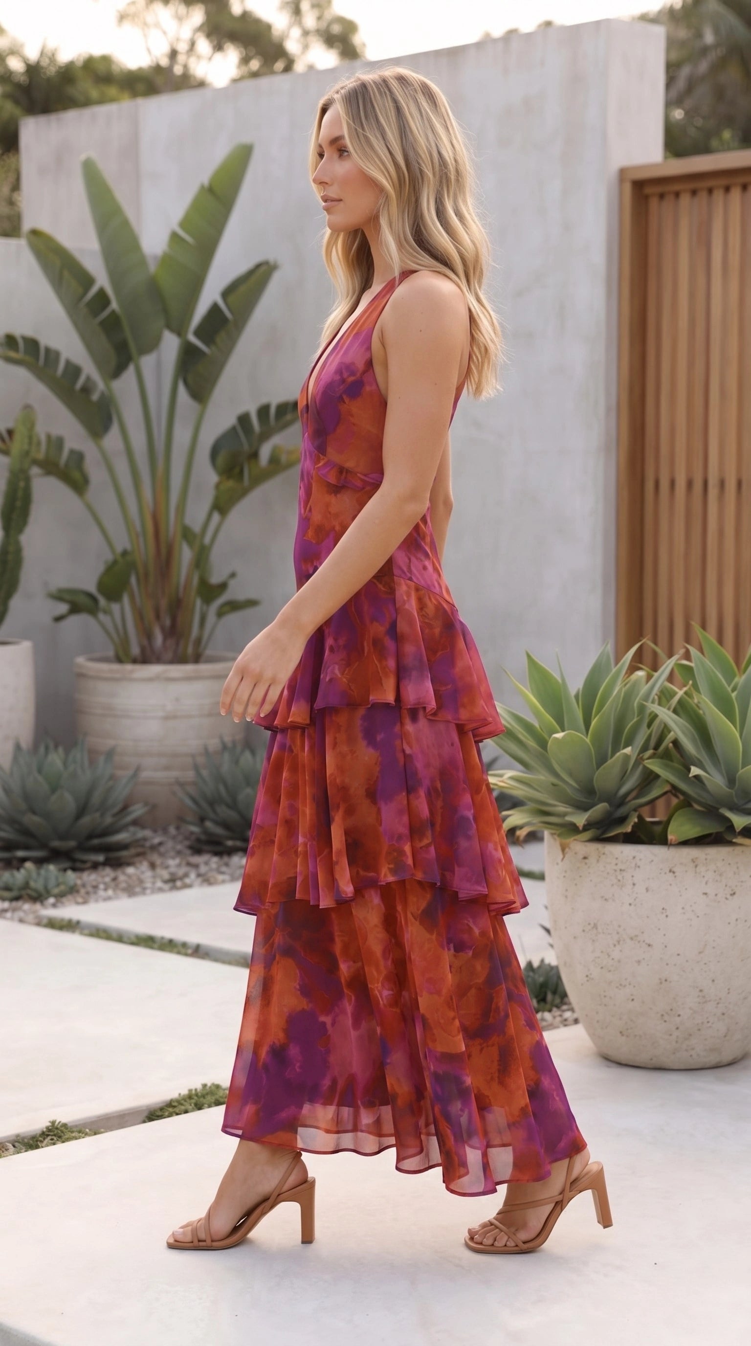 Women’s Deep V Neck Tiered Floral Print Maxi Dress