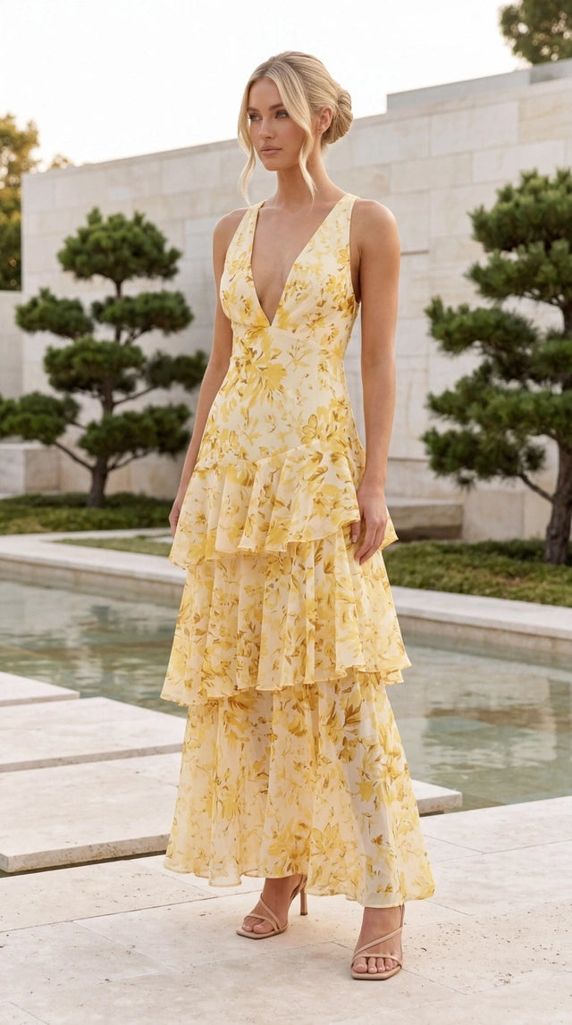 Women’s Deep V Neck Tiered Floral Print Maxi Dress