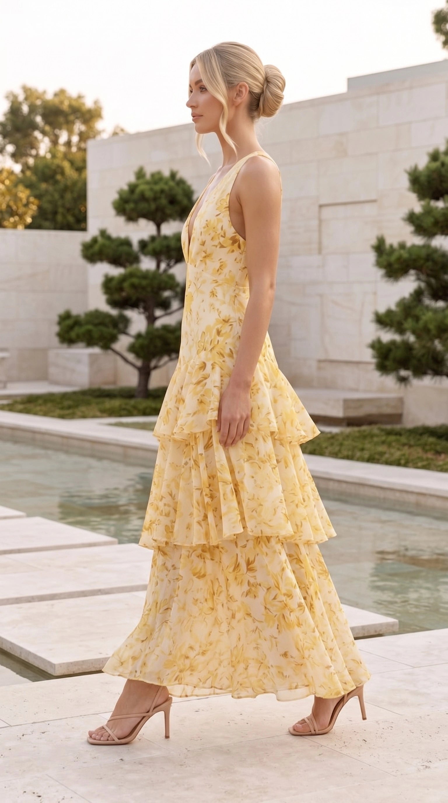 Women’s Deep V Neck Tiered Floral Print Maxi Dress
