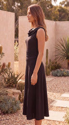 Women's Draped Pleated Midi Dress | Sleeveless A Line Wedding Guest Dress