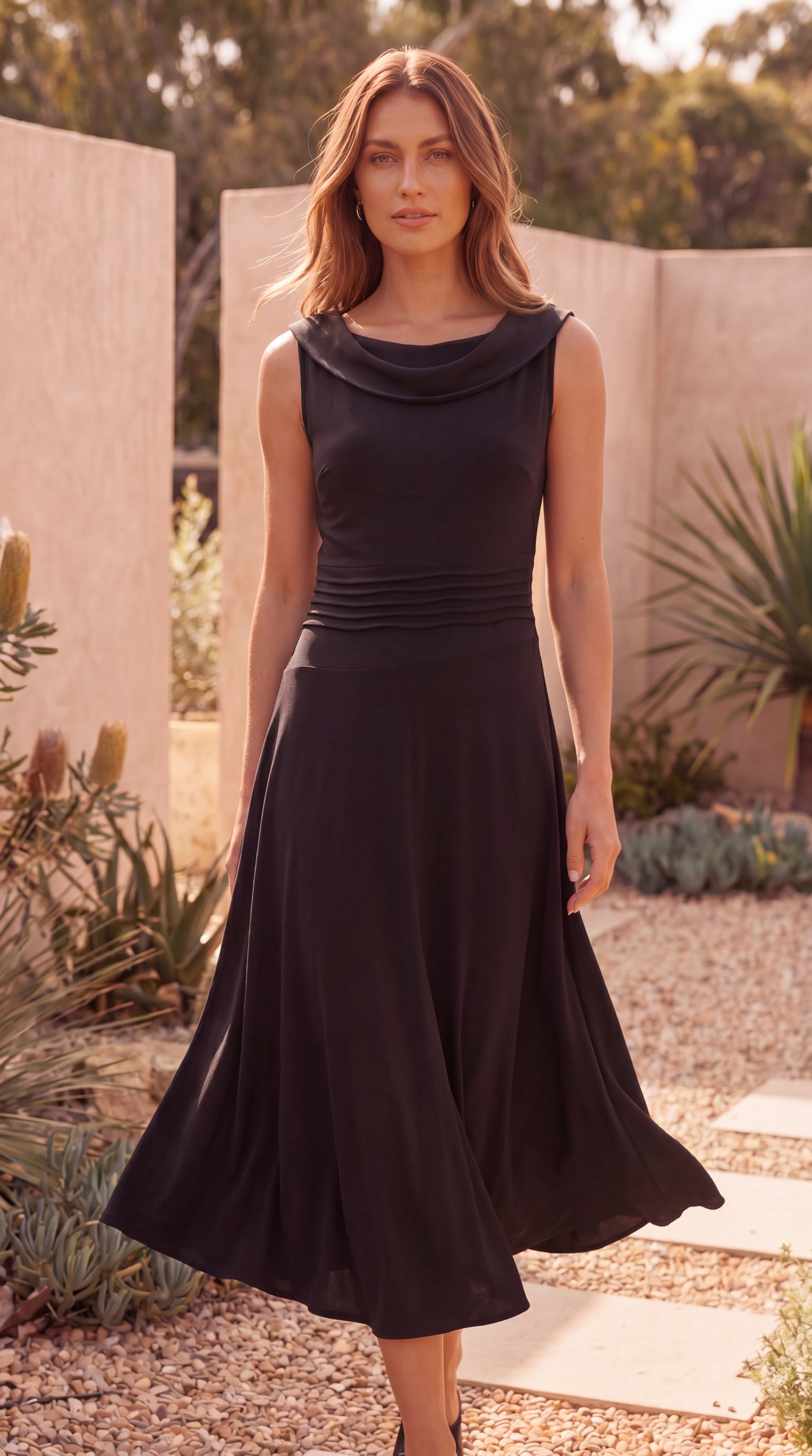Women's Draped Pleated Midi Dress | Sleeveless A Line Wedding Guest Dress