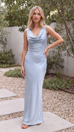 Women's Draped V Neck Sleeveless Satin Bias Cut Maxi Dress