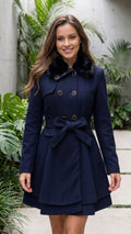 Women's Faux Fur Collar Double Breasted Belted A Line Coat