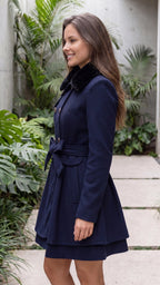 Women's Faux Fur Collar Double Breasted Belted A Line Coat
