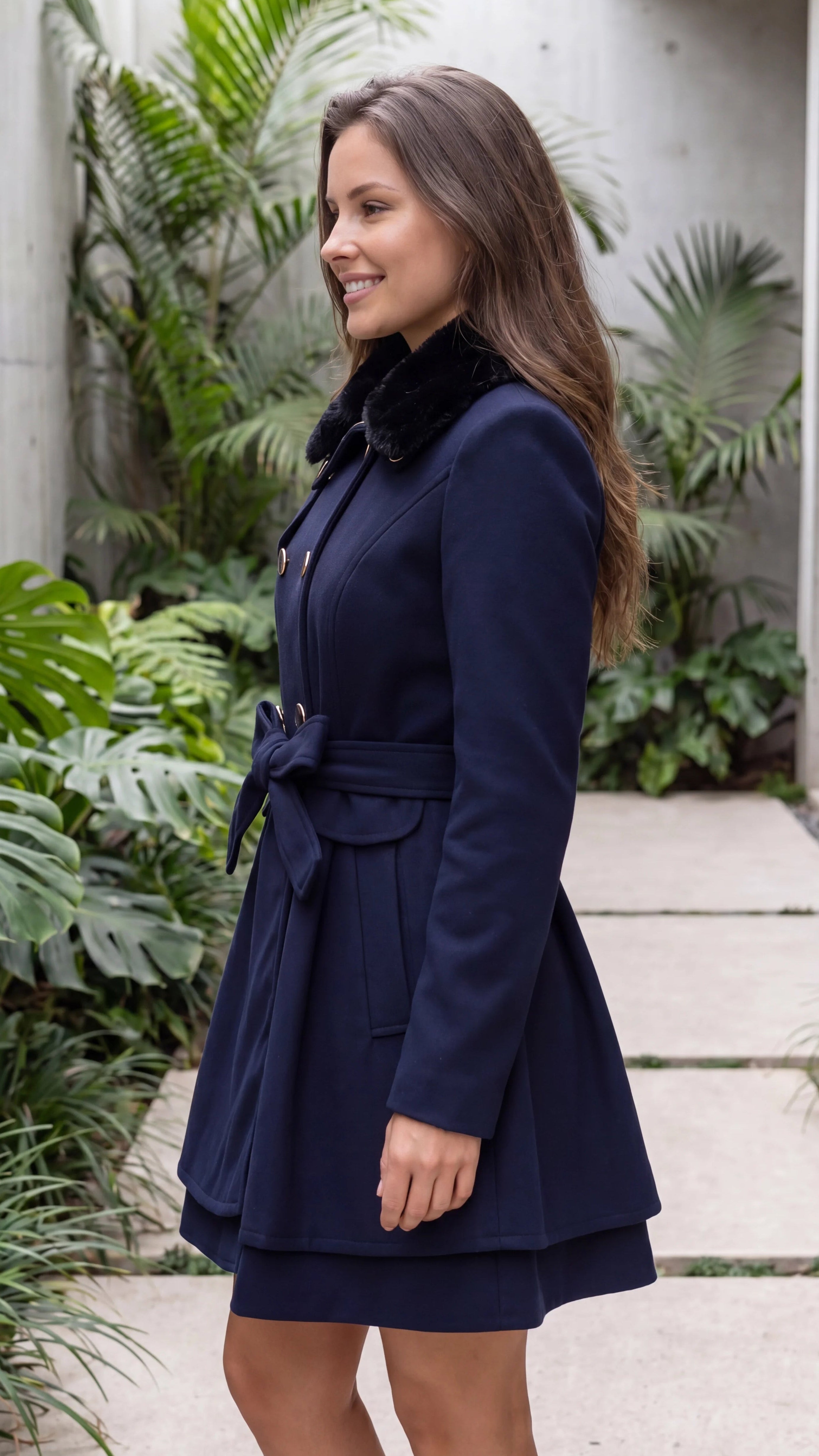 Women's Faux Fur Collar Double Breasted Belted A Line Coat
