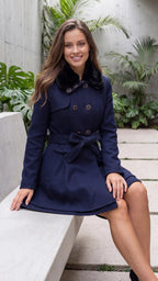 Women's Faux Fur Collar Double Breasted Belted A Line Coat