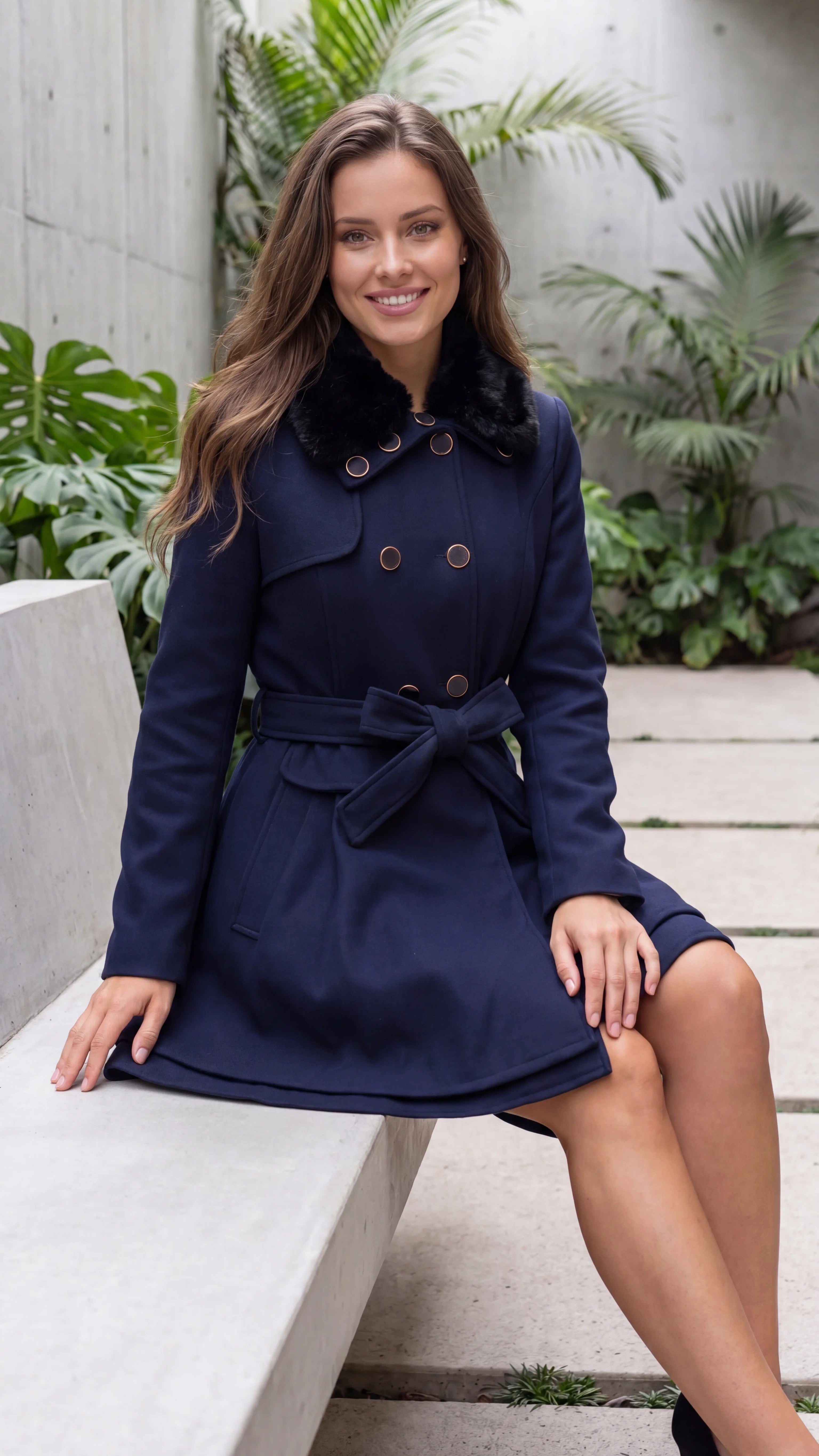 Women's Faux Fur Collar Double Breasted Belted A Line Coat