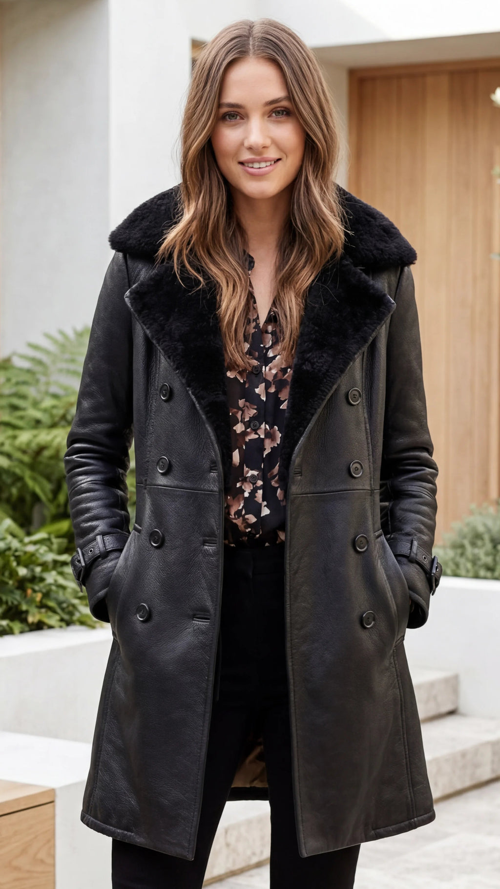 Women's Double Breasted Faux Fur Collar Long Winter Coat