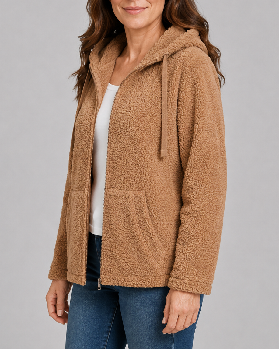 Women's Teddy Fleece Jacket with Hood and Zip Front