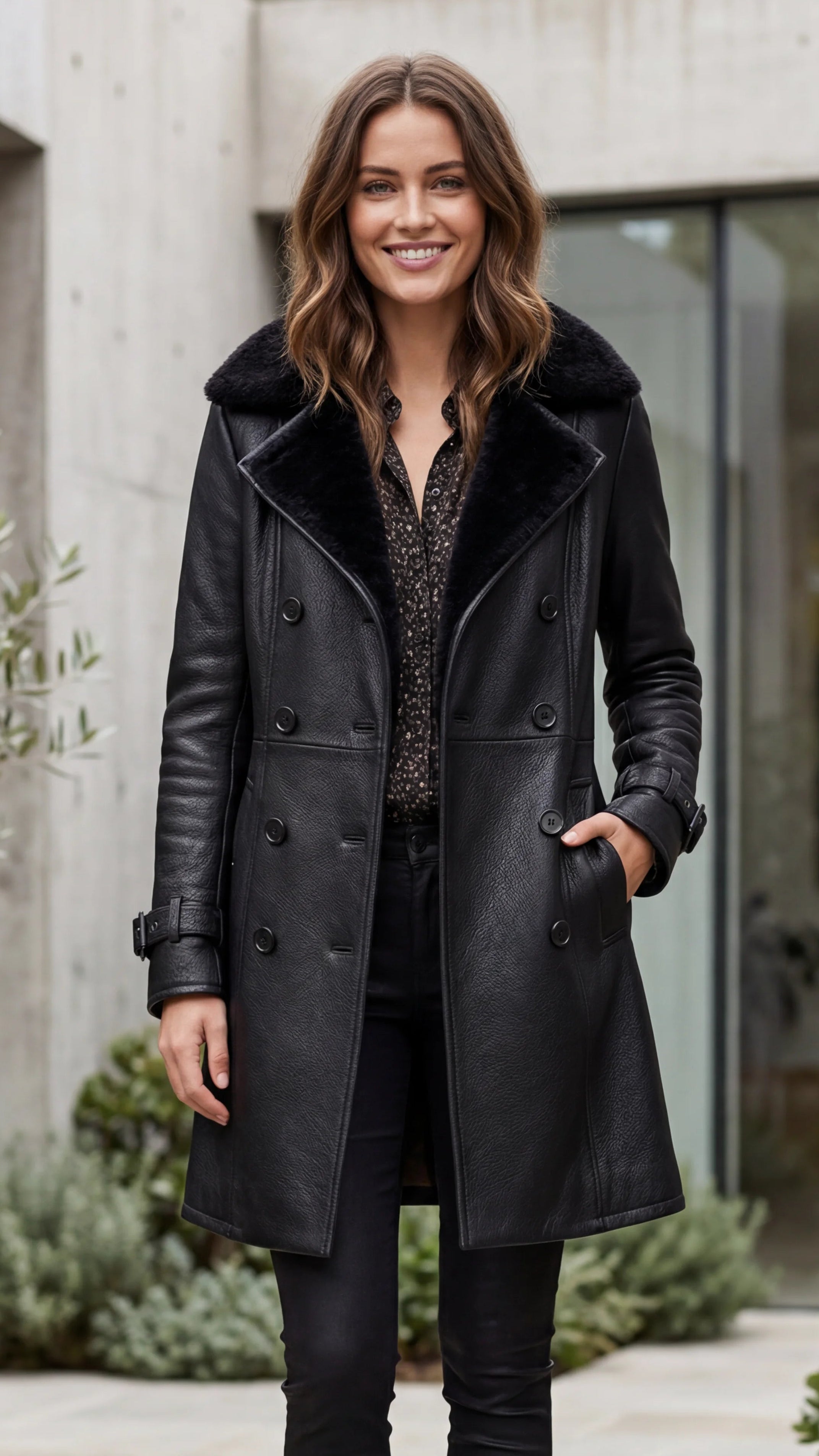 Women's Double Breasted Faux Leather Long Coat with Faux Fur Collar