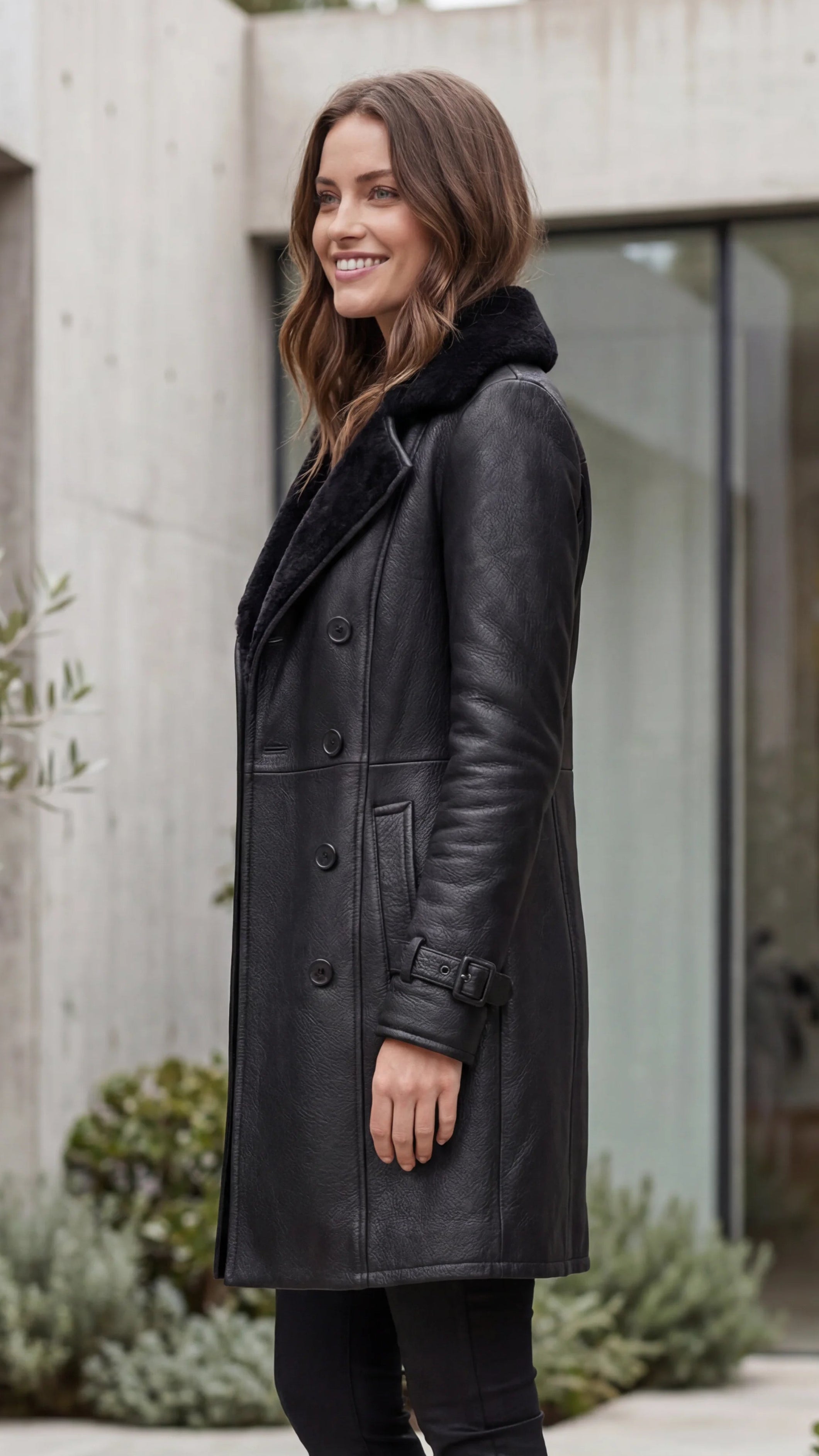 Women's Double Breasted Faux Leather Long Coat with Faux Fur Collar
