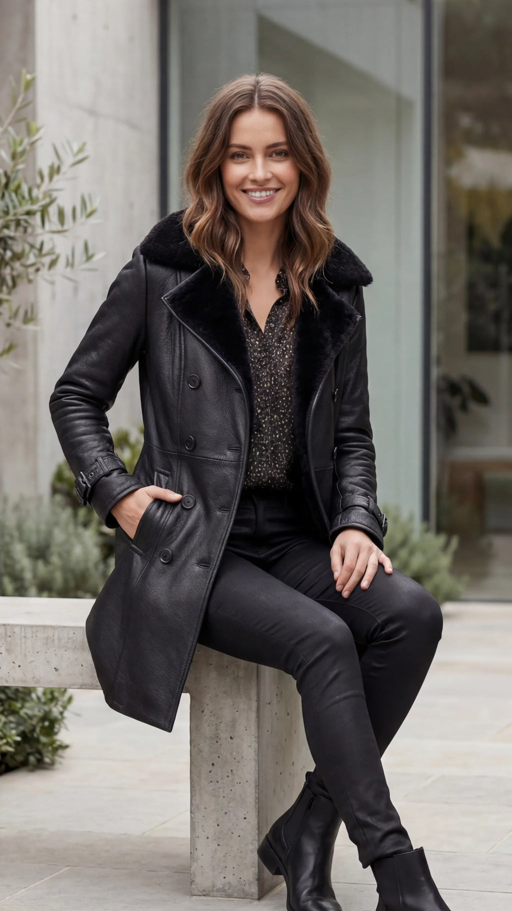 Women's Double Breasted Faux Leather Long Coat with Faux Fur Collar