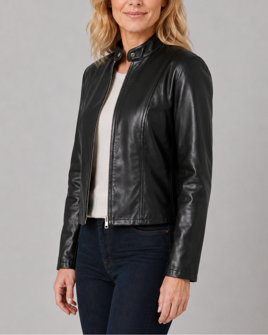 Women's Fitted Faux Leather Jacket with Stand Collar and Zip Front