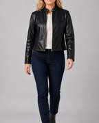 Women's Fitted Faux Leather Jacket with Stand Collar and Zip Front