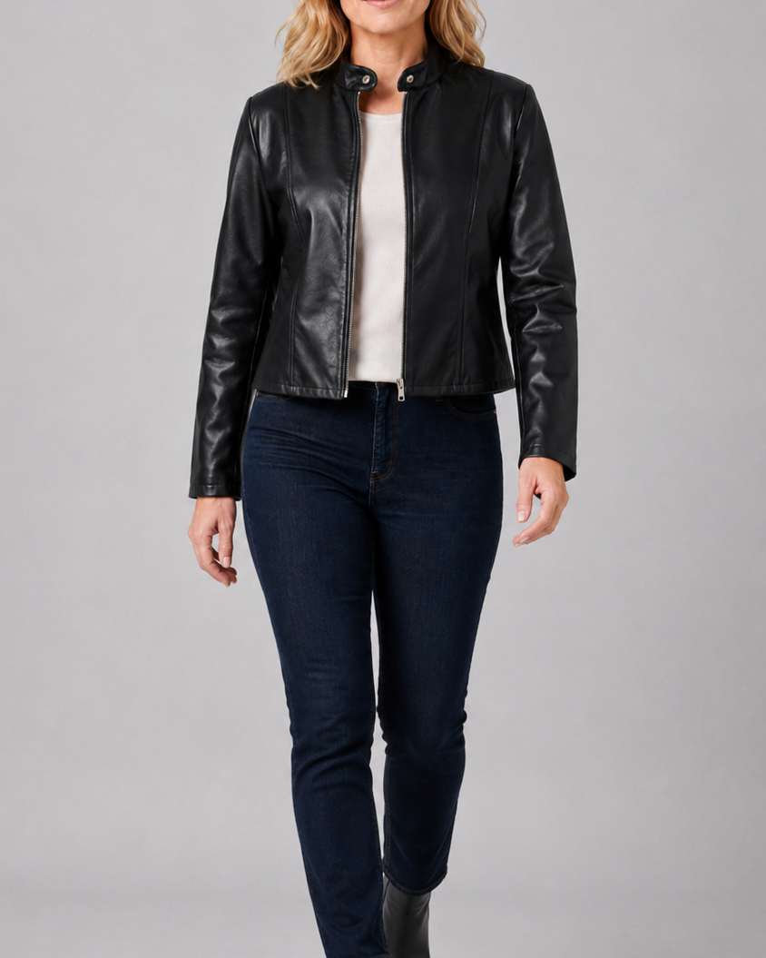 Women's Fitted Faux Leather Jacket with Stand Collar and Zip Front