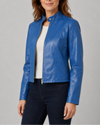 Women's Fitted Faux Leather Jacket with Stand Collar and Zip Front