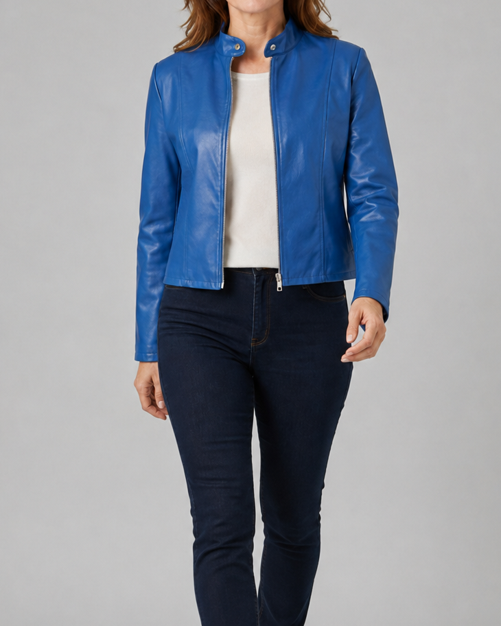 Women's Fitted Faux Leather Jacket with Stand Collar and Zip Front