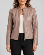 Women's Fitted Faux Leather Jacket with Stand Collar and Zip Front