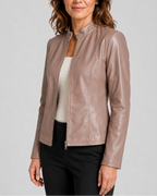 Women's Fitted Faux Leather Jacket with Stand Collar and Zip Front